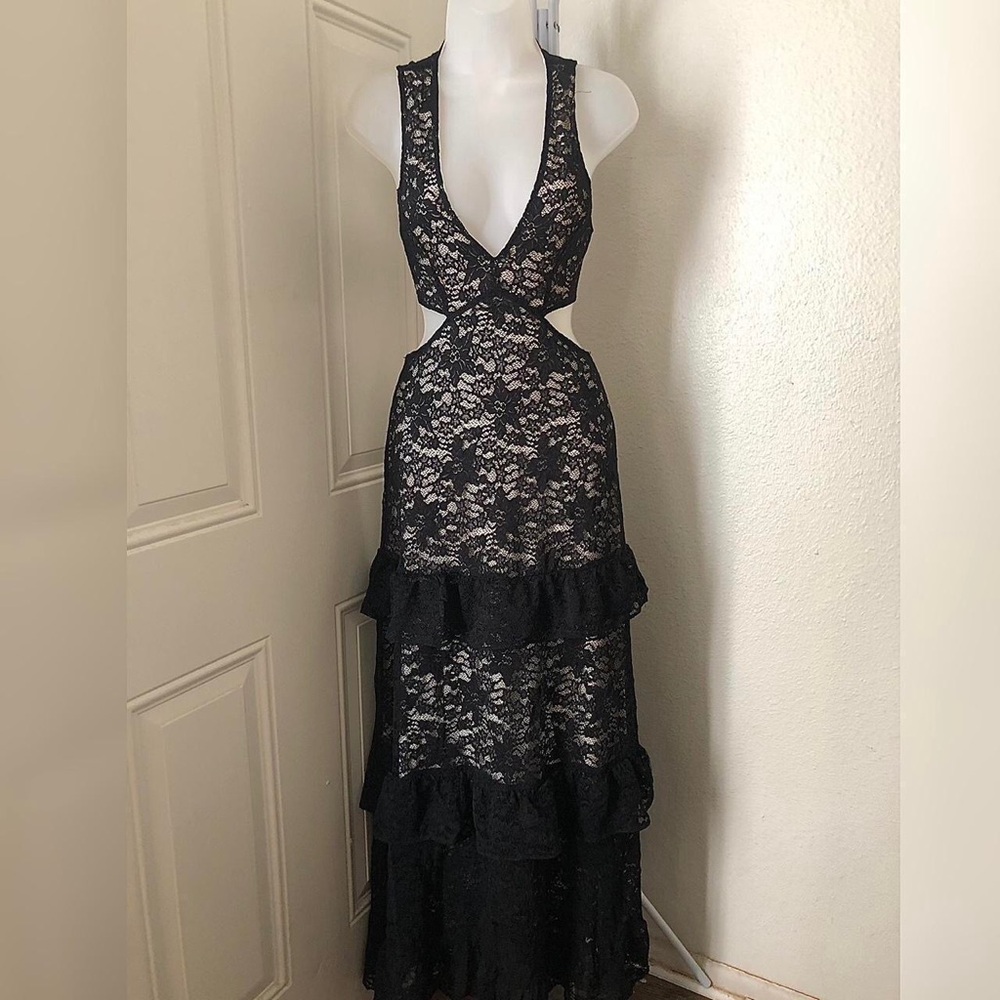 Black Whimsygoth lace cut out maxi formal dress gown V neck tiered ruffle gothic